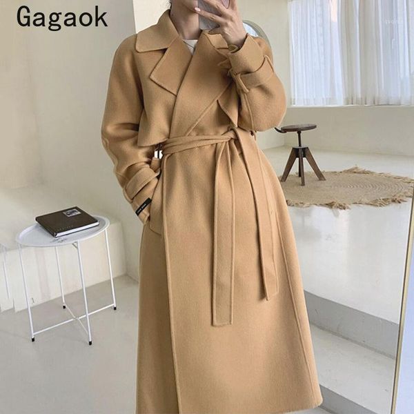 

gagaok women winter coats 2020 new lapel solid full wide-waisted long blends loose korean chic simple fashion ladies warm coats1, Black