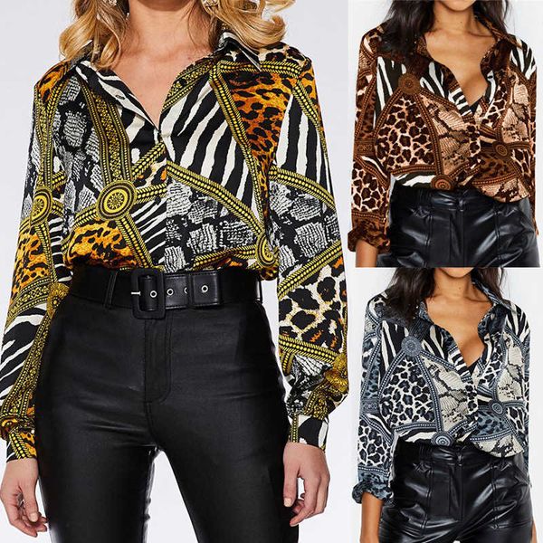 

women and blouses leopard chain autumn animal print vintage ladies casual long sleeve office shirt blusas, White