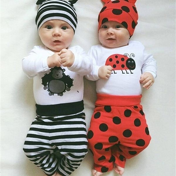 

autumn new baby boy clothing set fashion cotton long-sleeved cartoon romper+pants+hat 3pcs newborn baby girl clothes outfit y200803, White