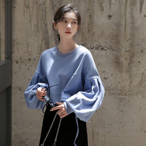 

yfskm ins корейский sweatersweater женщин мода 2020 осень / зима новый стиль свитер короткий высокой талии шнурком дизайн вокруг шеи пузырь, Black