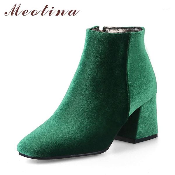 

meotina velvet boots women ankle high heels short zipper 2021 block heel shoes green big size 12 33-461, Black