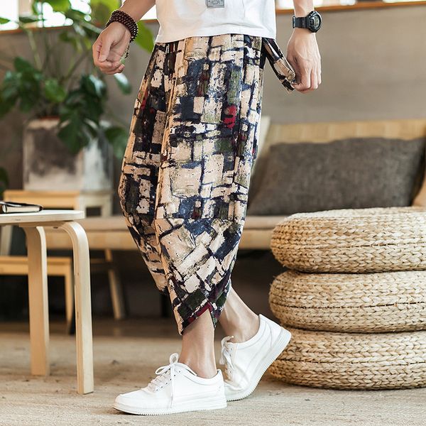 

2021 new sinicism store mens cotton linen male summer casual ankle-length pants man pattern print baggy loose trousers bucr, Black