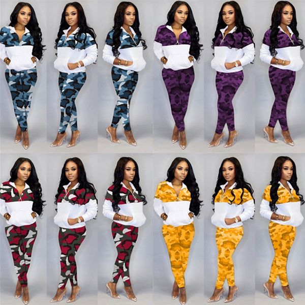 

женщины tracksuit плюс размер камуфляж длинные рукава свитер пальто молния куртки леггинсы мода два piece set outfit спортивный костюм e1014, White
