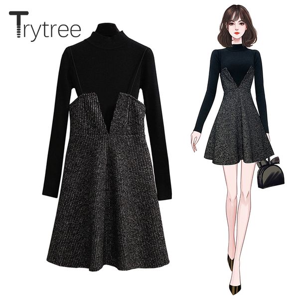 

trytree 2020 autumn winter two piece set casual turtleneck sweater knitting + sling dress mini loose a-line set 2 piece set c1103, Gray
