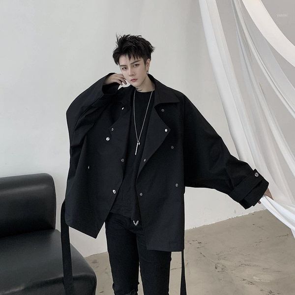 

m-xl men double breasted casual loose jacket overcoat male women japan korea style adjustable hem coat outerwear1, Black;brown