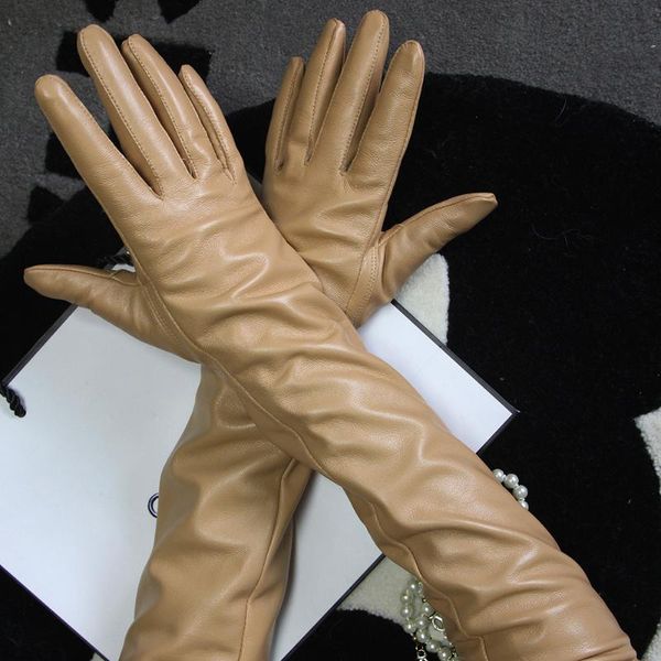 

five fingers gloves cream yellow long women' leather over the elbow real sheepskin thin lining 35/40cm/50cm catwalk sho, Blue;gray