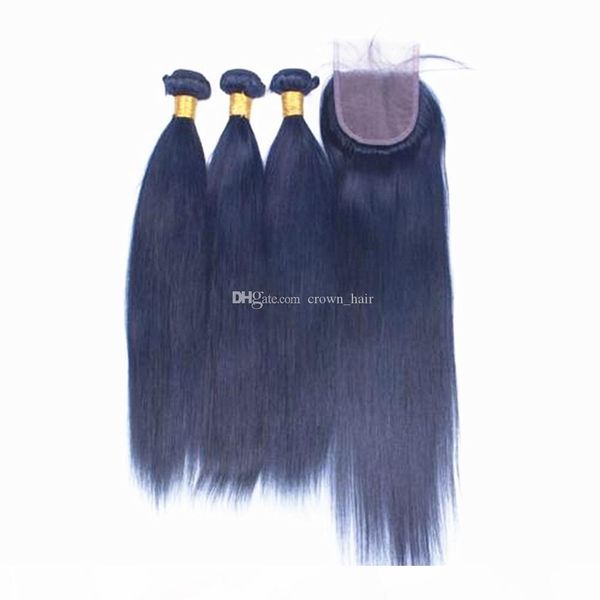 

part lace closure with straight hair extension 4pcs lot unprocessed dark blue virgin hair weft 3 bundles with lace closure, Black