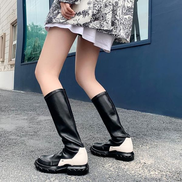 

boots 2021 winter brand shoes women's knee high genuine leather mixed color handsome punk riding motorcycle femme, Black