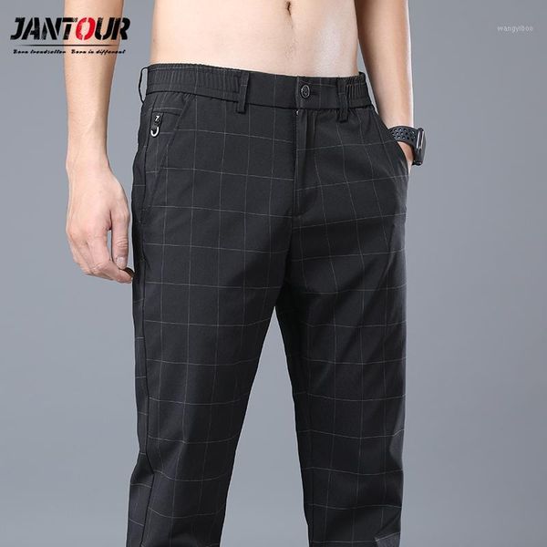 

jantour 2020 spring new casual pants men slim fit plaid fashion gray black trousers male brand clothing business work pant 28-381