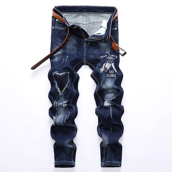 

men's jeans fashion hipster streetwear ripped patchwork individuality men straight cowboy trousers slim embroidered casual denim pants, Blue