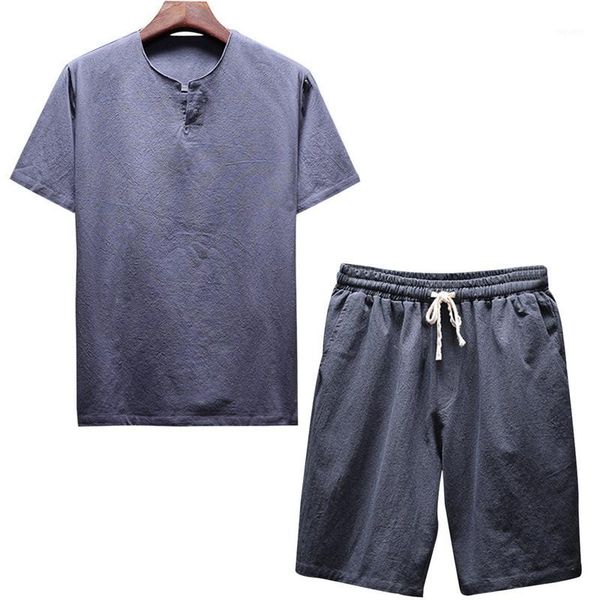 

calofe men slim set summer short sleeve o-neck knee length short pants plus size fashion solid sportwear suit men 5xl 3xl1, Gray