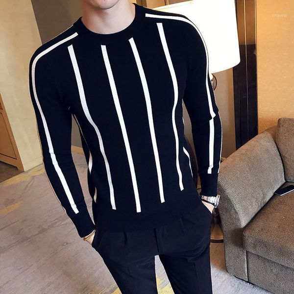 

2021 autumn and winter mens fashion striped boutique wool blend casual round neck knitted sweaters / mens slim warm sweater1, White;black