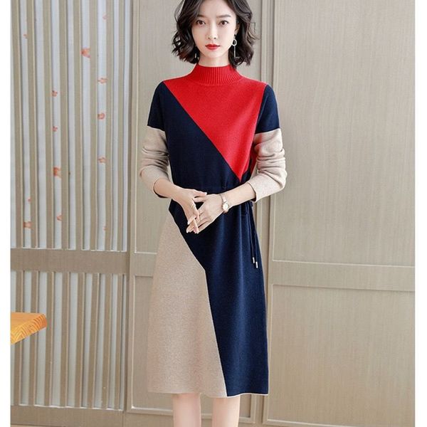 

2021 new knitted women's mid-length autumn winter new style contrast stitching sweater half high neck lady temperament lace dress s9pc, Black;gray