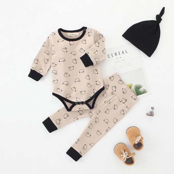 

2021 new 3pcs cartoon print newborn infant girls long sleeve bodysuit+pants+hat outfits baby boy clothes set ua9o, White