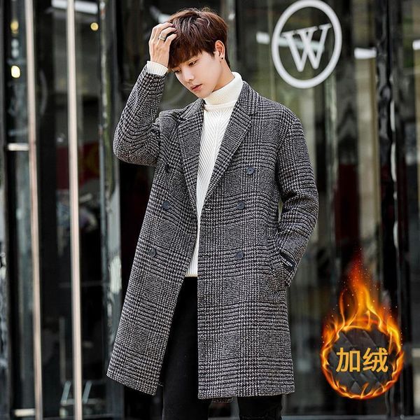

windbreaker men's mid long 2020 autumn and winter new korean trend british woolen loose plaid coat, Tan;black