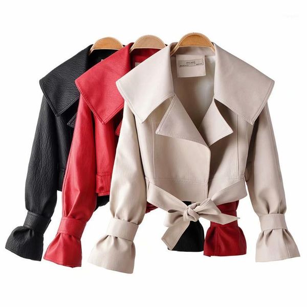 

autumn women pu leather jackets short coat turndown collar belt lace-up motorcycle black punk red overcoat female outwear1