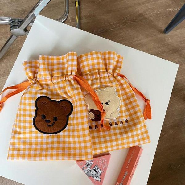 

1 pcs cute orange color animal bear grids drawstring storage bags pencil bag girls cosmetic case travel korean stationery gifts1