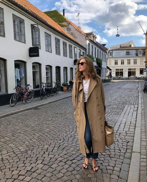 

elfstyle] - woman cotton long oversized trench coat drop shoulder long sleeves with buckle belt front double breasted 20201, Tan;black