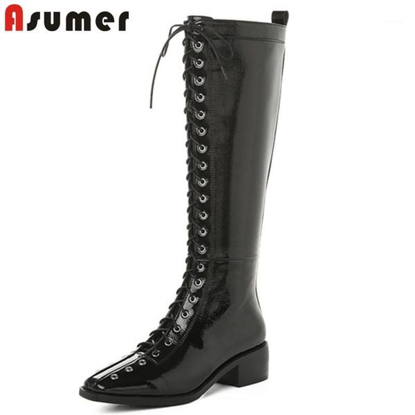 

boots asumer 2021 arrival patent leather knee high women lace up zip autumn winter square heels casual shoes woman1, Black