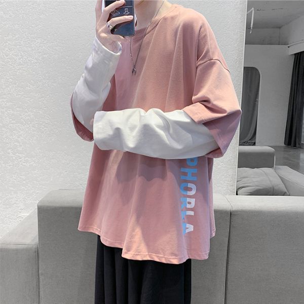 

fashion pink tshirts japan harajuku hip hop t-shirts men women autumn fake two piece couple long sleeve loose t shirt males kg-365, White;black