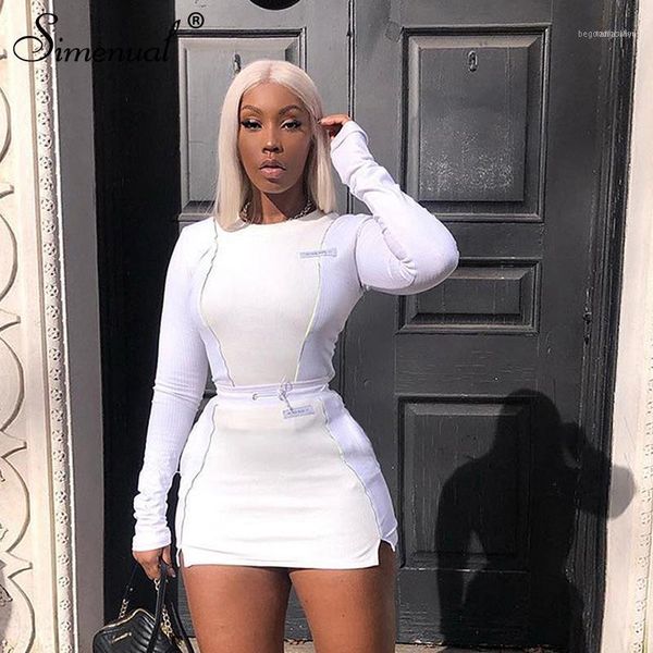 

casual fashion reflective striped two piece outfits women long sleeve and mini skirt sets 2019 autumn white set new11