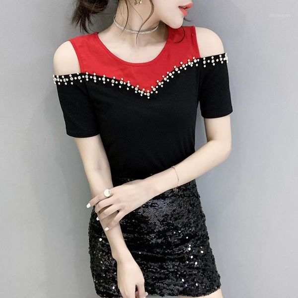 

summer korean clothes t-shirt fashion patchwork off shoulder beading women ropa mujer short sleeve cotton tees 2020 t039021, White