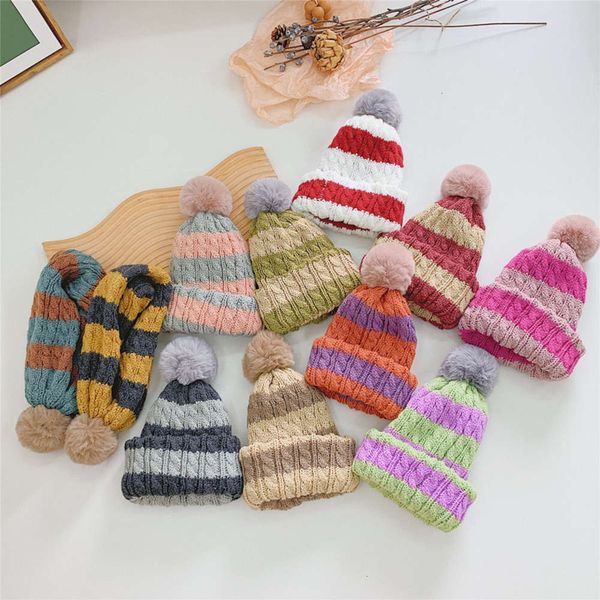

purpose korean hat striped children's dual eight character autumn winter warm knitting wool neck cover boys and girls scarf, Red;brown