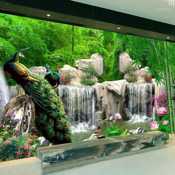 

wholesale- custom 3d p wallpaper bamboo forest rockery peacock background pgraphy backdrop living room bedroom non-woven wallpaper1