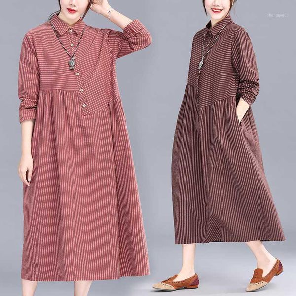 

uego 2020 new arrival long sleeve spring dress cotton linen korea design stripe preppy style blouse dress women casual1, Black;gray