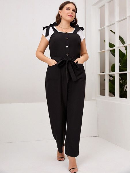 

plus solid button knot belted cami jumpsuit g9od#, Black