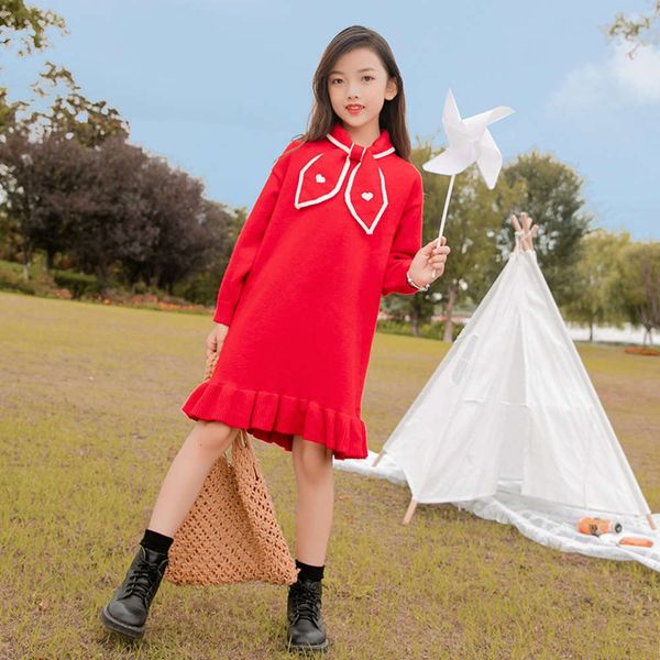 

autumn winter versatile and girl's 2020 sweater new cuhk wear long woolen drs children's knitting skirt ayibepxi, Red;yellow