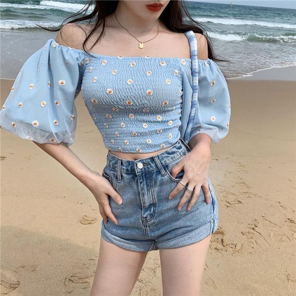 

girls flower mesh blouses shirts tees female slash neck half lantern sleeve fairy blouses for women dx129, White