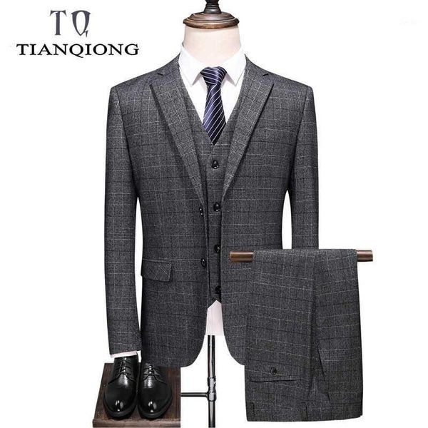 

tian qiong brand business plaid suits men slim fit men's 3 piece wedding suits black dark blue gray formal dress suit man s-4xl1, White;black