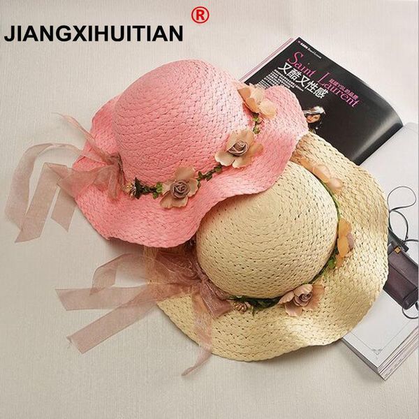 

2017 summer cute flower decorate women baby girls children hats sun beach caps for summer 4 colors for choose beach hat bbyuhh, Black;white