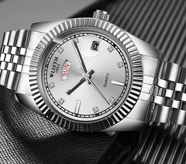 

wlisth mens classic men's watch european and american gold quartz watch with steel wrist, Slivery;brown