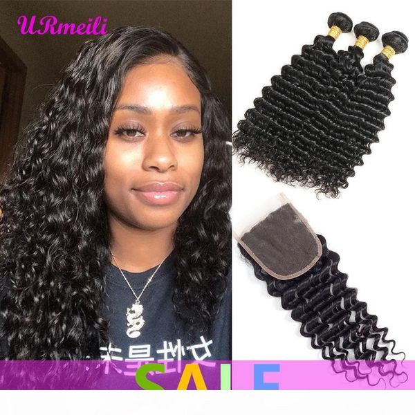 

deep wave human hair bundles with closure 3 bundles brazilian deep wave hair weaving with lace closure remy hair bundle, Black;brown