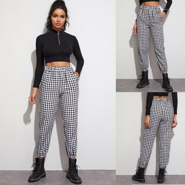

girls women fashion cool black&white plaid high waist club sport street style cargo pants pencil trousers1