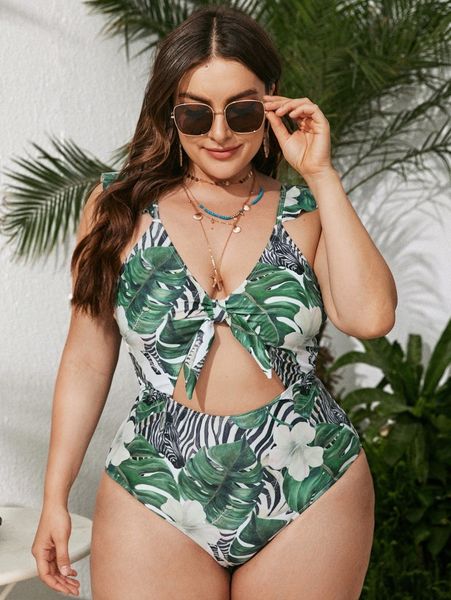 

plus tropical cut-out knot front one piece swimsuit f6go#, Black
