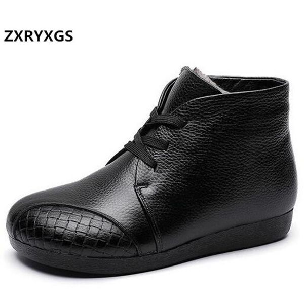 

boots 2021 fashion winter warm mother cotton shoes women genuine leather flat soft sole comfortable snow, Black