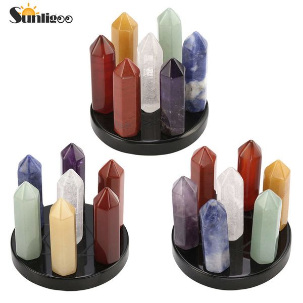 Sunligoo 7 Chakra Estrela Grupo Reiki Crystal Crystal Quartz Pedra Hexagonal Point Array Estátua Estatueta Figurine Stand Set Set 20115