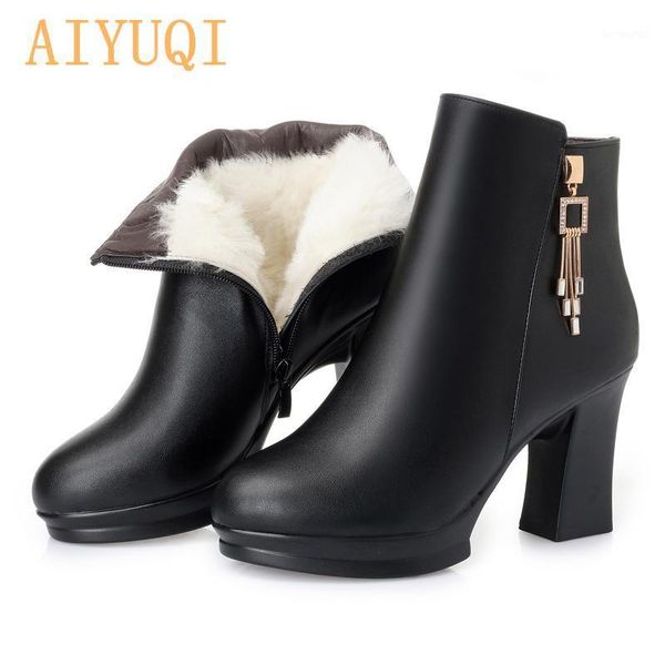 

boots aiyuqi women winter 2021 genuine leather female dress natural wool warm high heel ankle1, Black