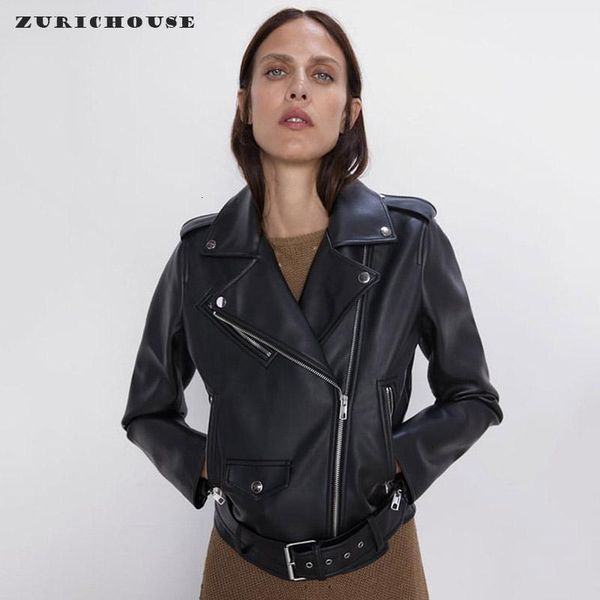 

zurichouse retro leather jacket women 2020 fashion sashes pockets black faux leather biker coat female moto jacket1