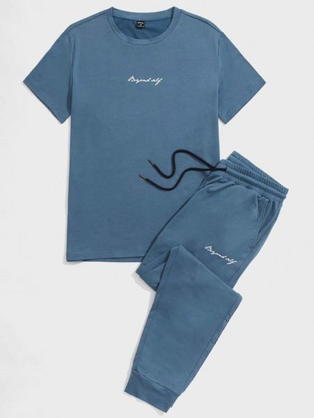 

men letter graphic tee & drawstring waist sweatpants z8bb#, Gray