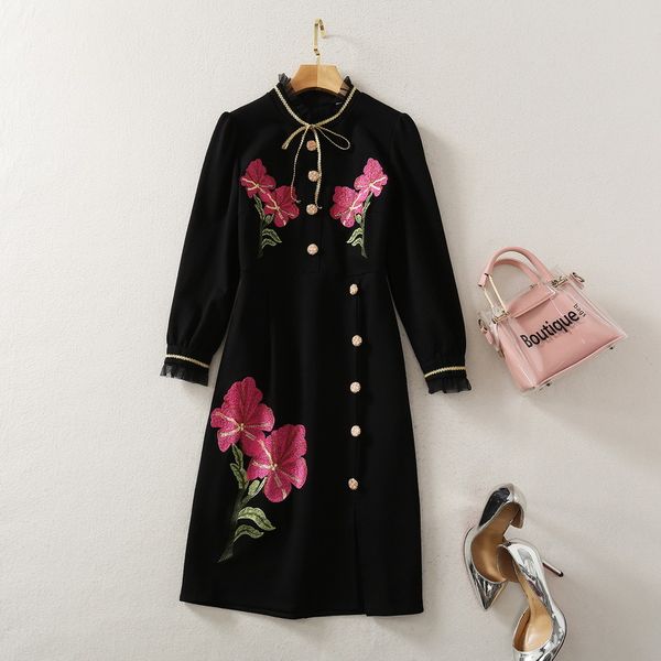 

130 xl 2021 spring summer brand same style dress long sleeve crew neck embroidery womens clothes flora print luxury fashion dress sh, Black