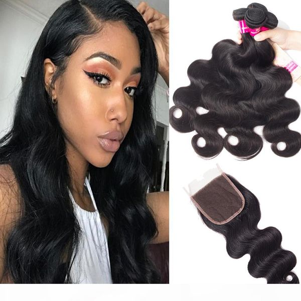 

3 bundles silky straight body wave curly peruvian brazilian virgin hair extensions with 4x4 lace closure unprocessed remy human hair weave, Black;brown