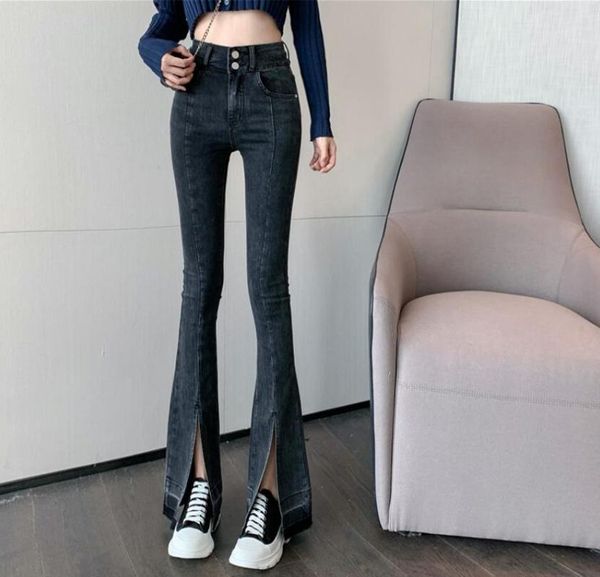 

flare jeans high waist stretched front split female denim casual style korean fashion denim pants ladies s575, Blue