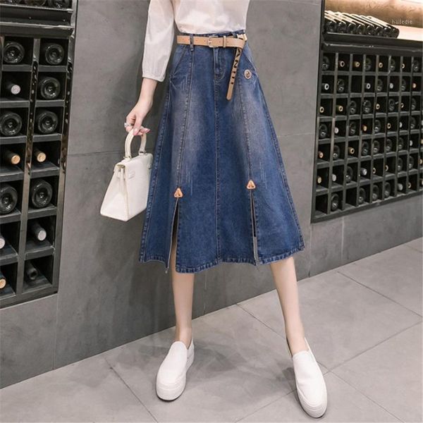 

denim skirt vintage summer skirt high waist a-line casual slim midi faldas mujer moda 2019 jupe femme xl50801, Black