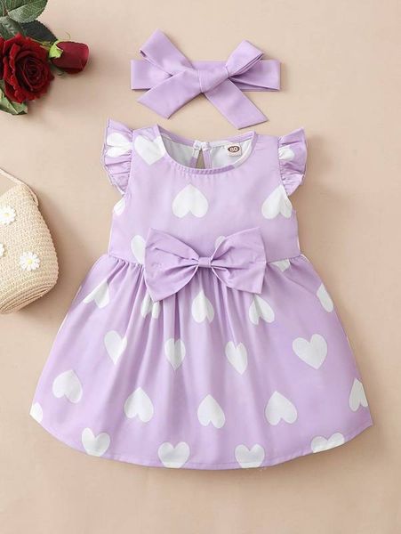 

baby heart print bow front butterfly sleeve dress with headband she02, Red;yellow