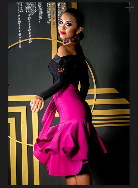 

stage wear rose red slit dancing latin half skirt women dance competition costumes tango/chacha/rumba standard practice dress b02131, Black;red