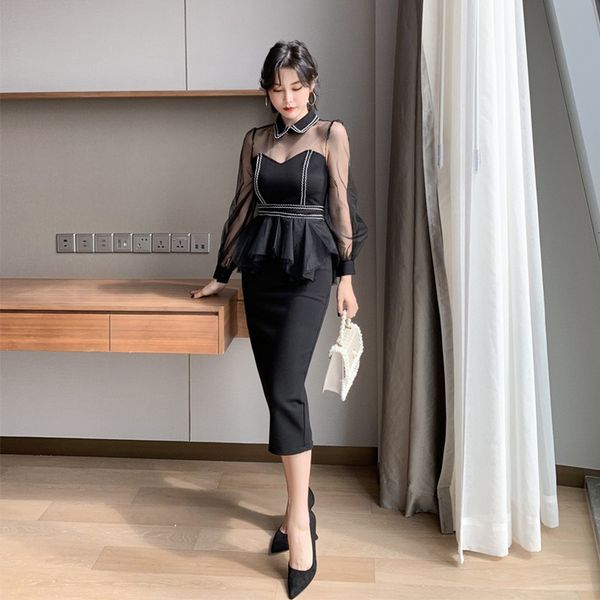 

2021 new female office style ladies crochet shreds piece assembly dress prom 2not, Black;white